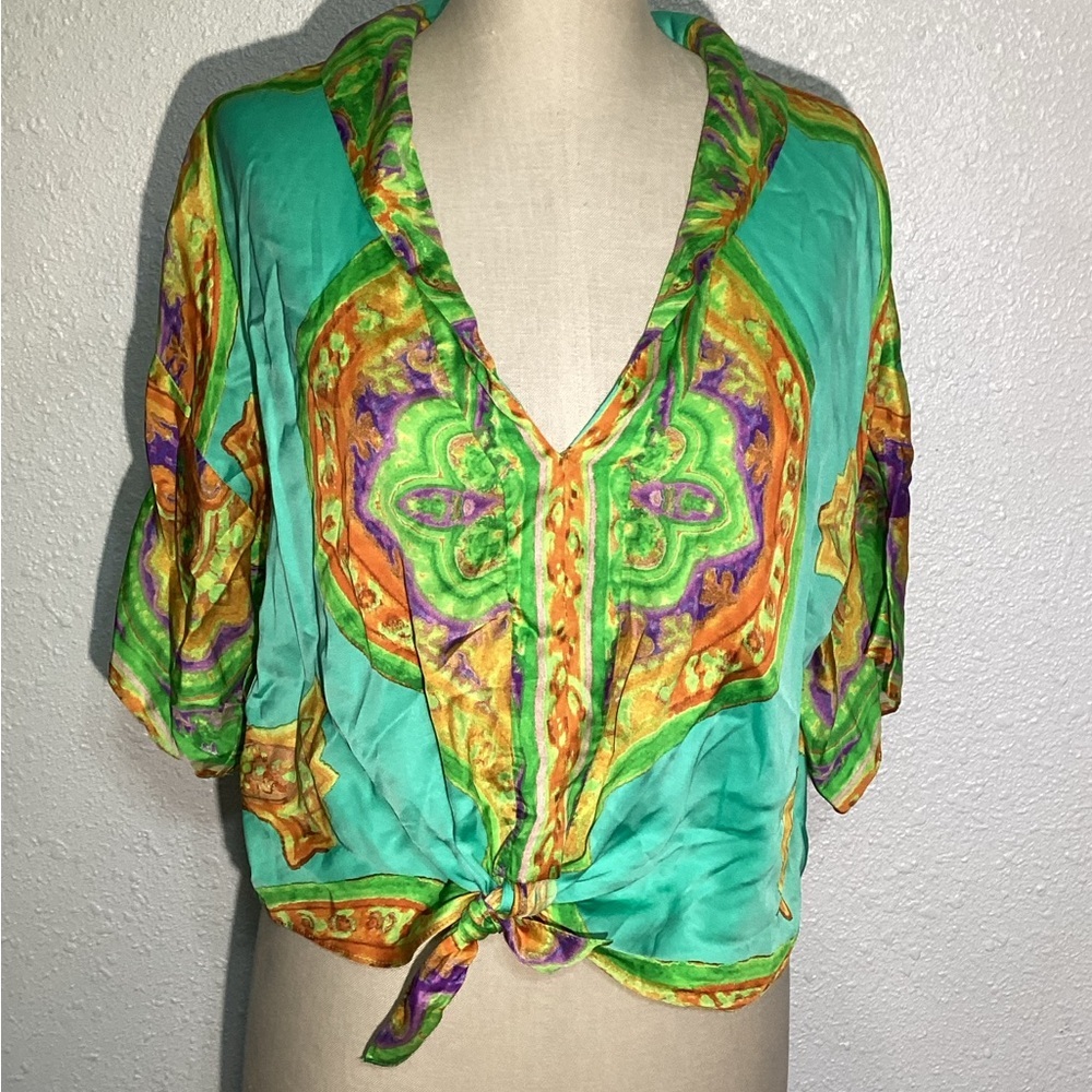 Zara satin vibrant lapel color front tie blouse size small - Picture 4 of 10